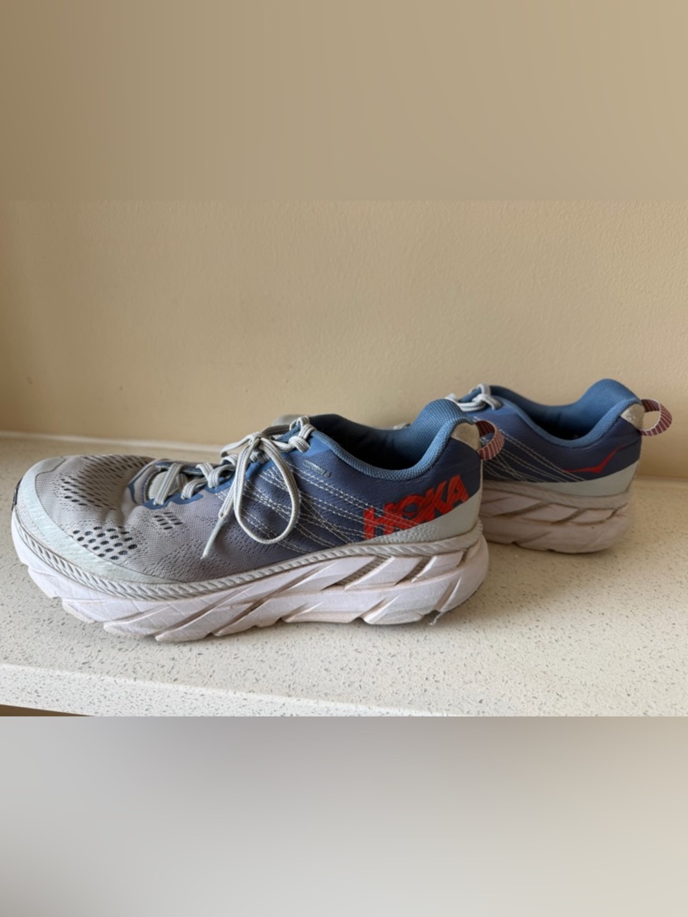 Hoka Women’s Gray and Blue Running Sneakers with Red Logo
